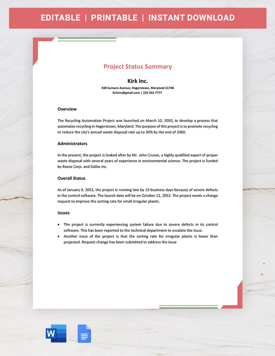 Project Status Summary Template in Word, Google Docs - Download | Template.net