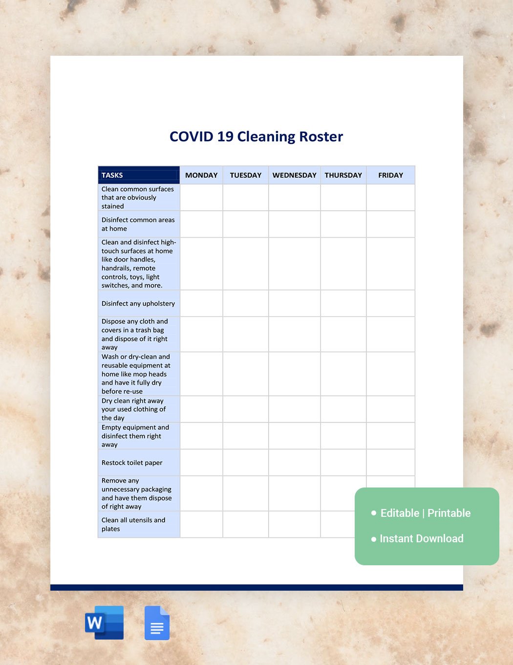 Covid 19 Cleaning Roster Template