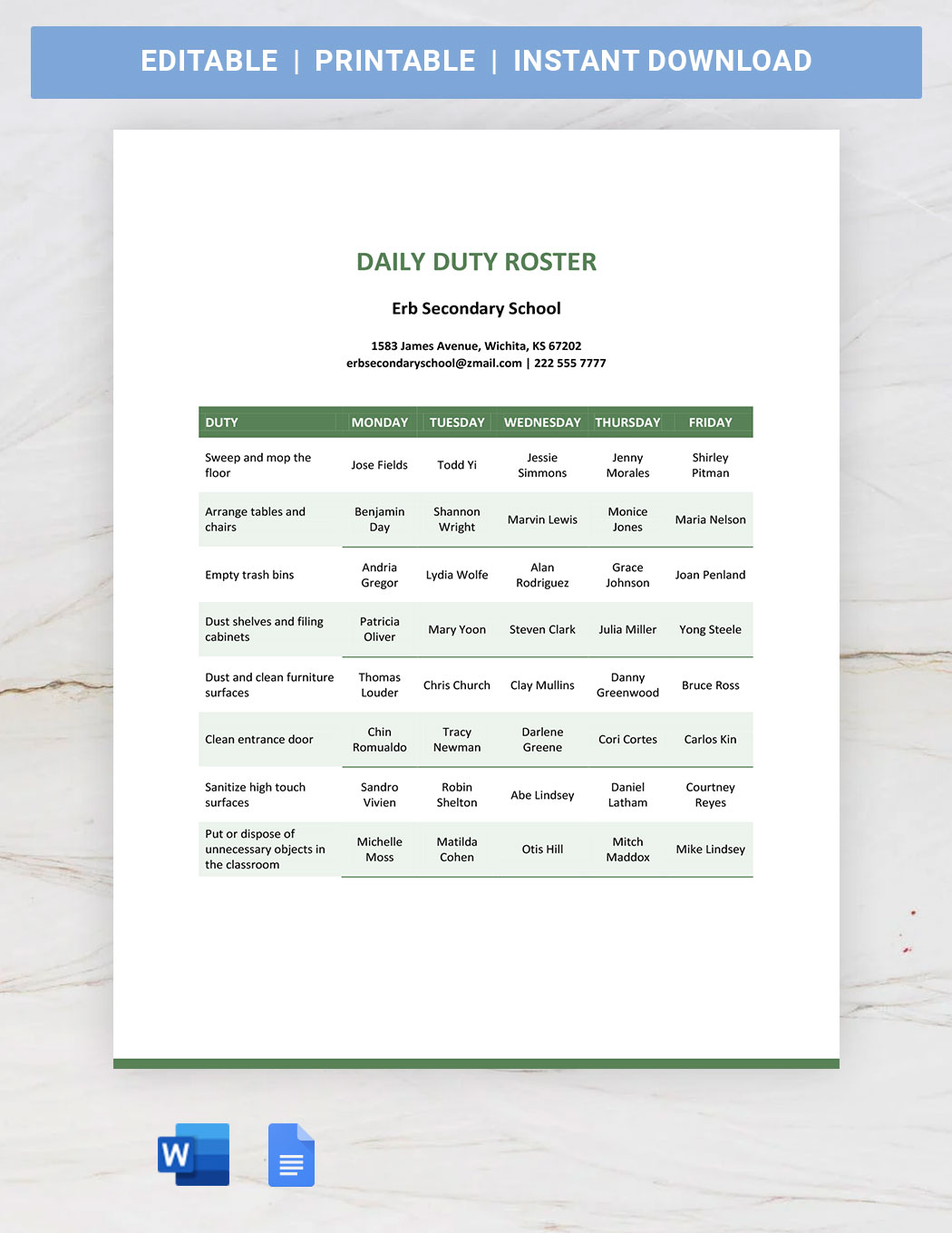 Daily Duty Roster Template in Word, Google Docs