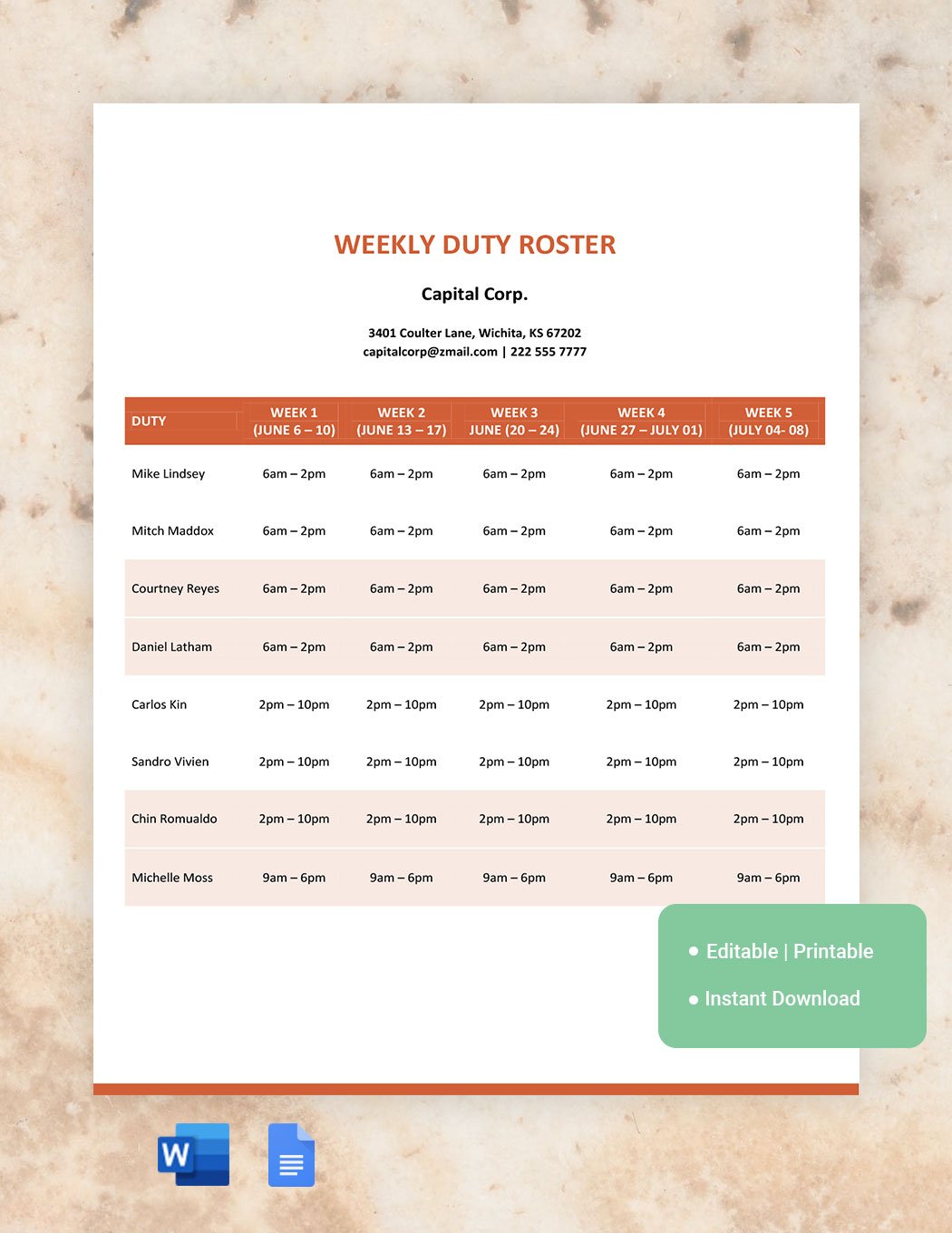 Weekly Duty Roster Template
