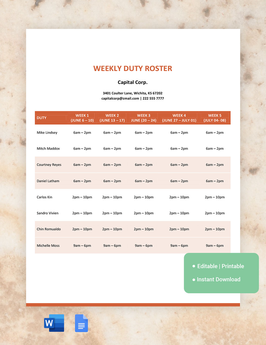 Weekly Duty Roster Template Download in Word, Google Docs