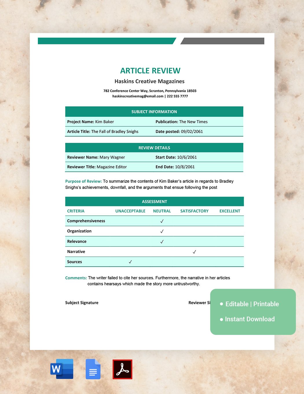 Article Review Template in Word, Google Docs