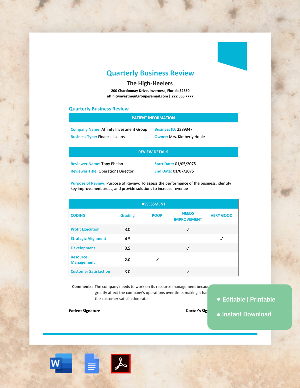 Quarterly Business Review Template in Word, Google Docs