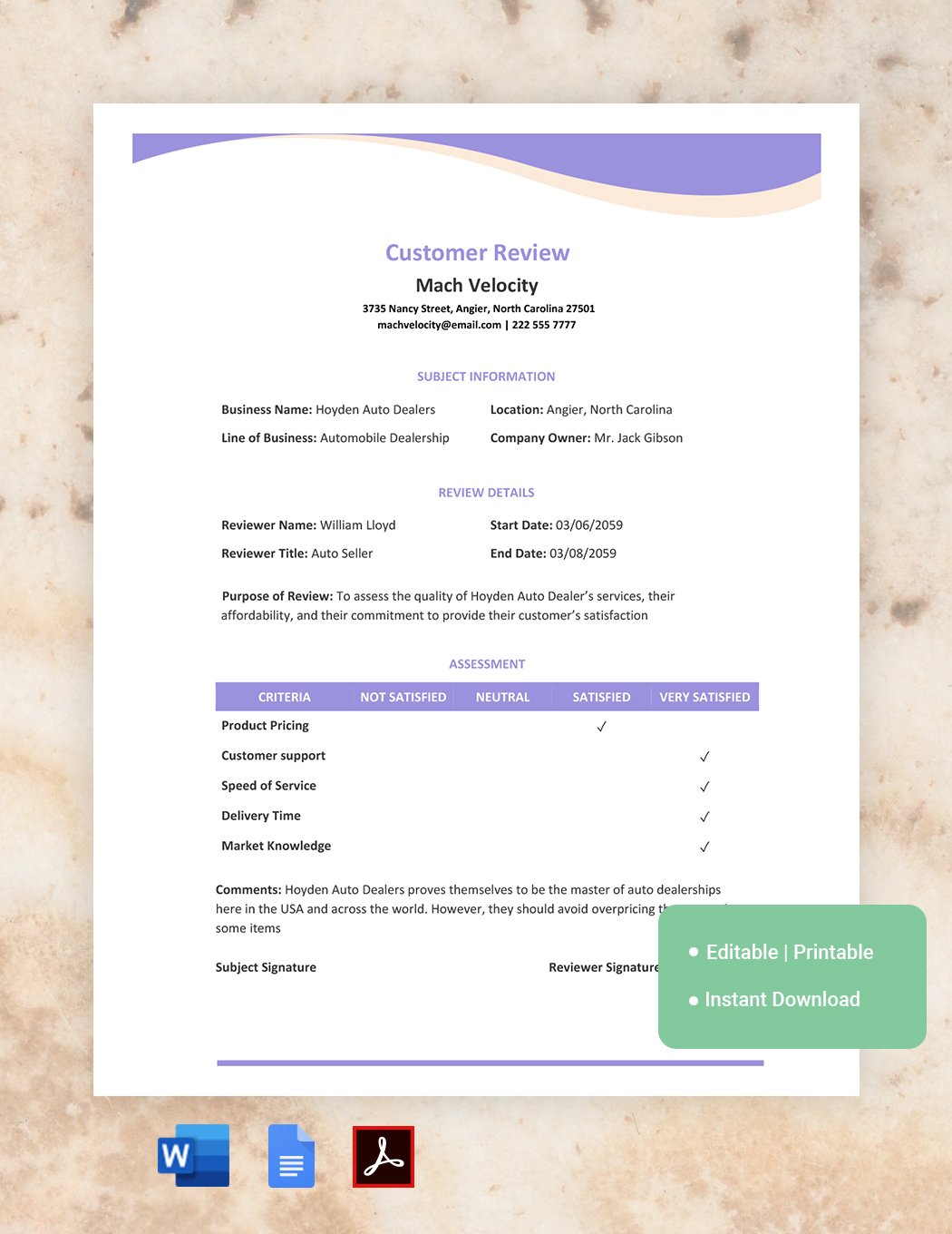 Customer Review Template in Word, Google Docs