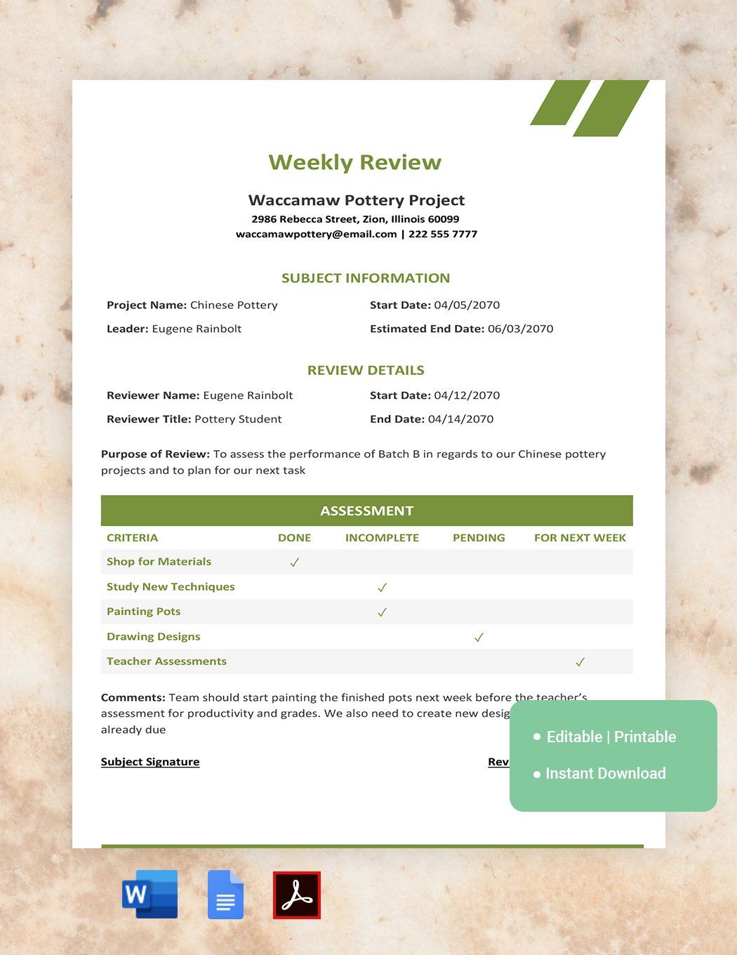 Weekly Review Template in Word, Google Docs