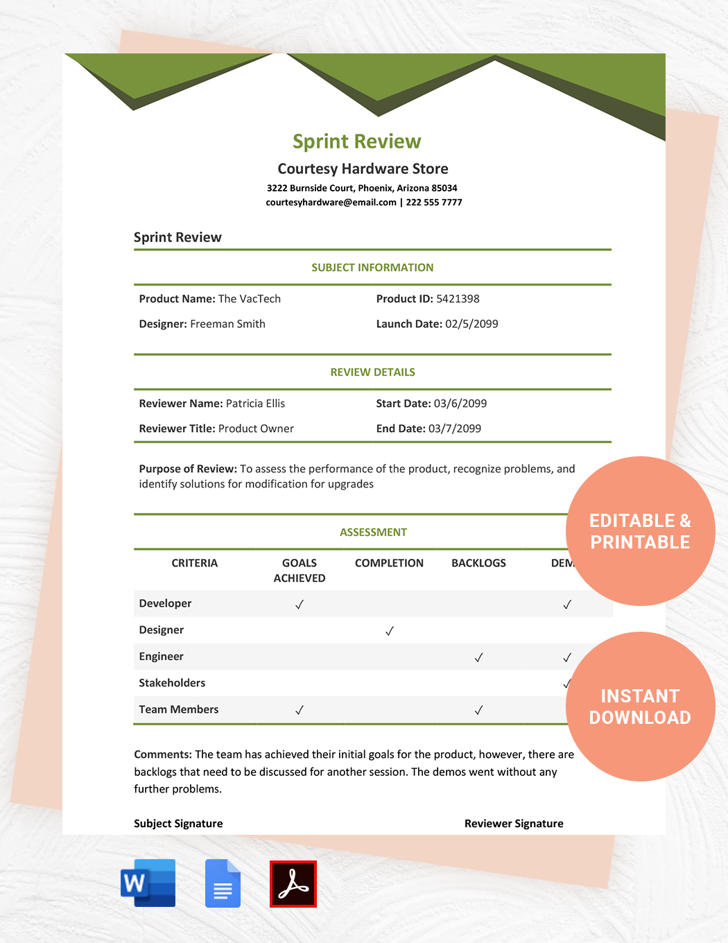 Sprint Review Download In Word Google Docs Template
