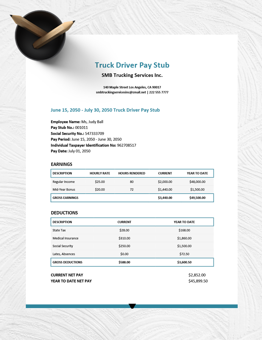 Truck Driver Pay Stub Template Download in Word, Google Docs, Apple