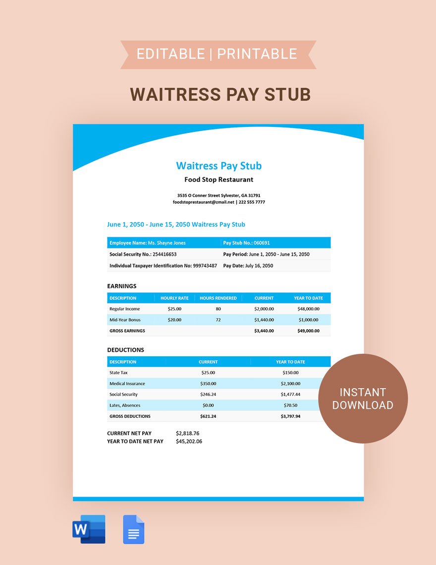 Waitress Pay Stub Template