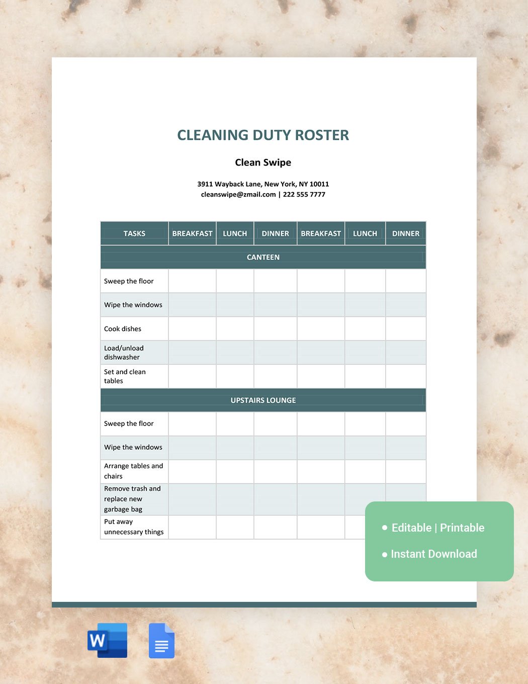Cleaning Duty Roster Template