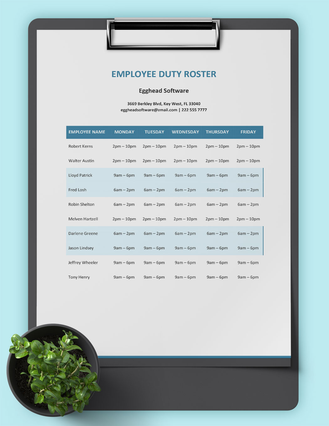 Employee Duty Roster Template