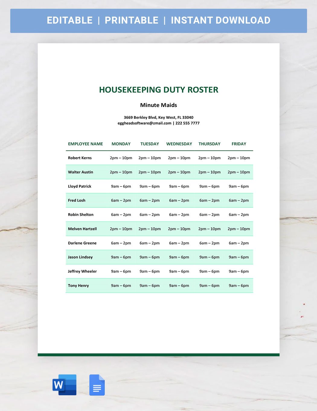 Housekeeping Duty Roster Template