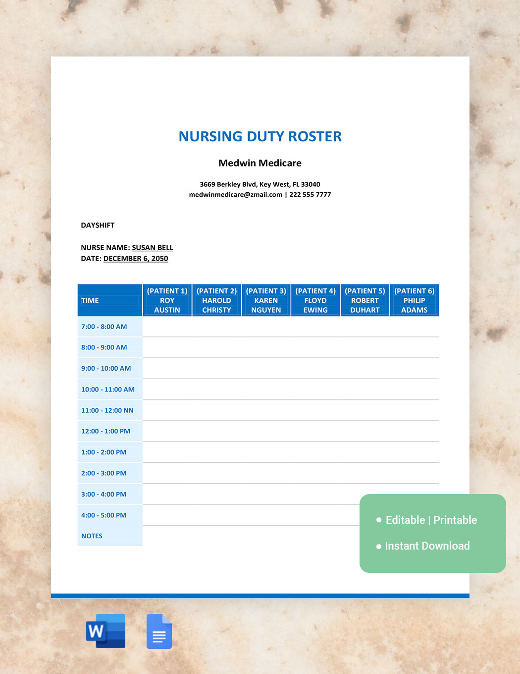 Nursing Duty Roster Template in Word, Google Docs