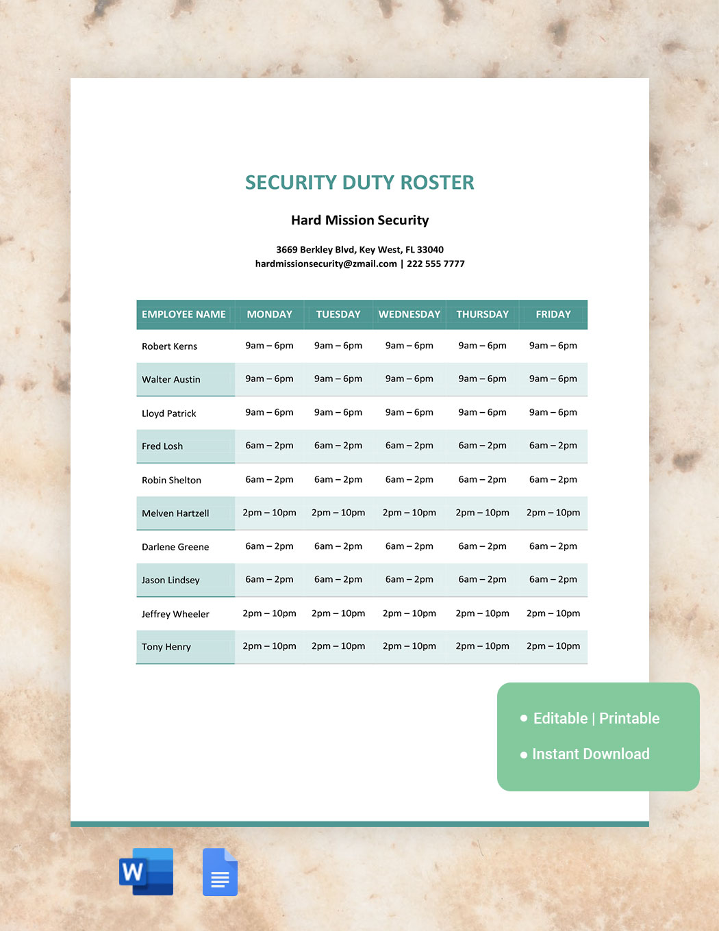 Editable Duty Roster Templates in Word to Download