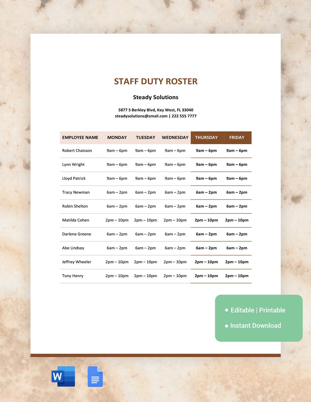 Staff Duty Roster Template