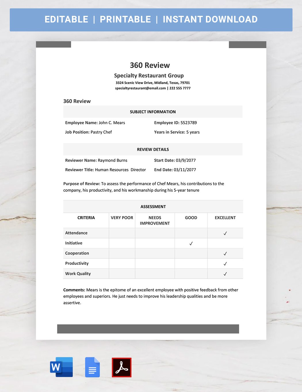 360 Review Template in Word, Google Docs