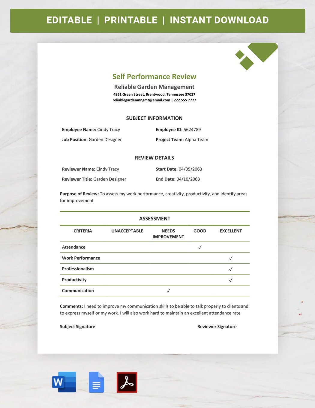 Self Performance Review Template