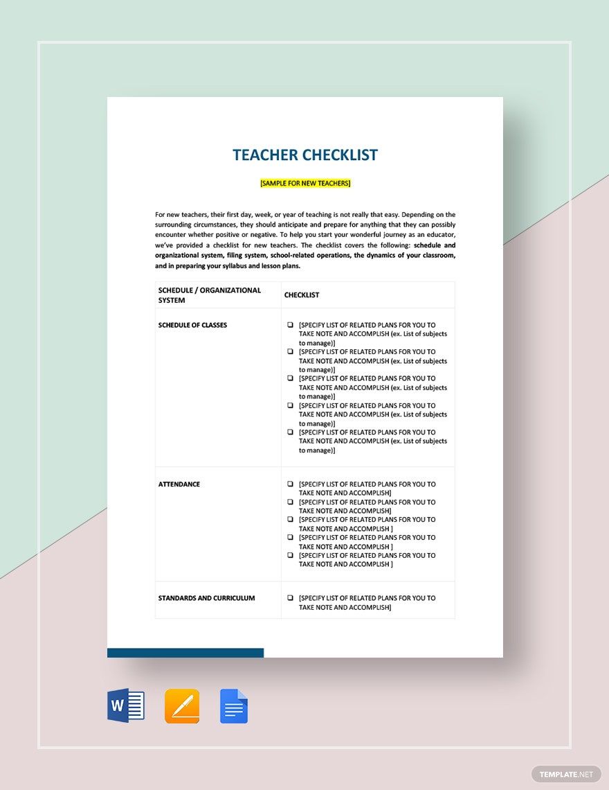 Teacher Checklist Template