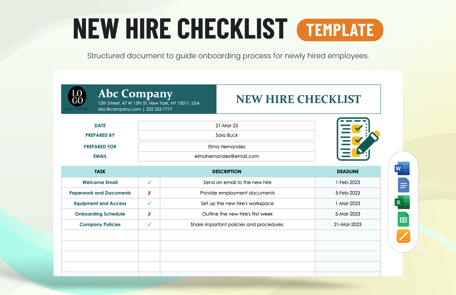 New Hire Checklist Template in Word, Google Docs, Excel, Google Sheets, Apple Pages