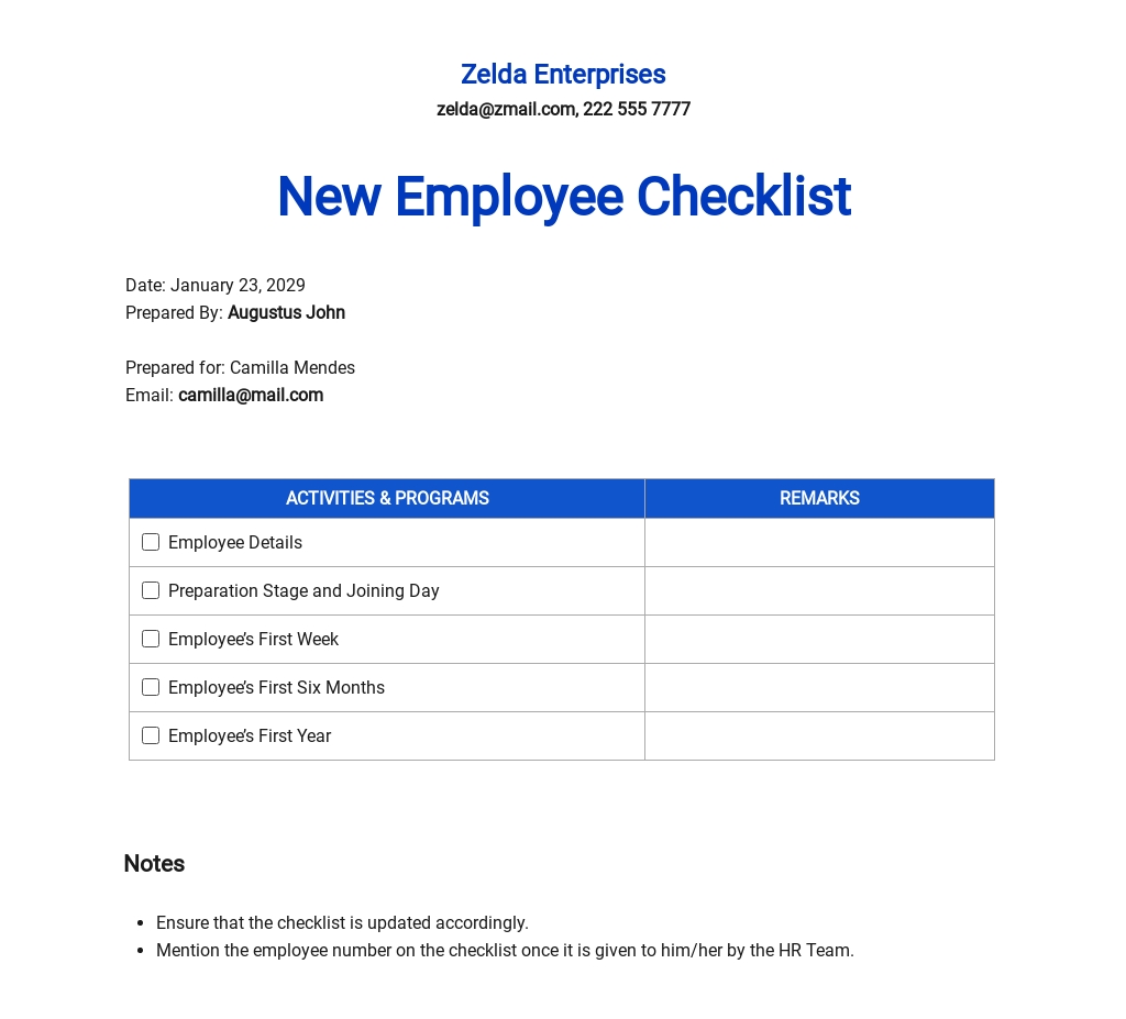 New Employee Checklist Template Word DOC Apple MAC Pages 