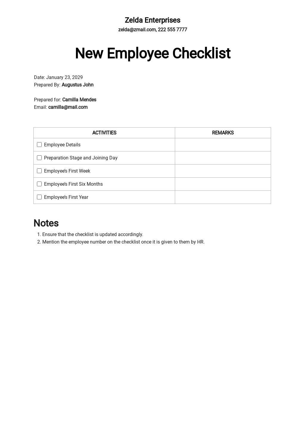 Printable Employee File Checklist