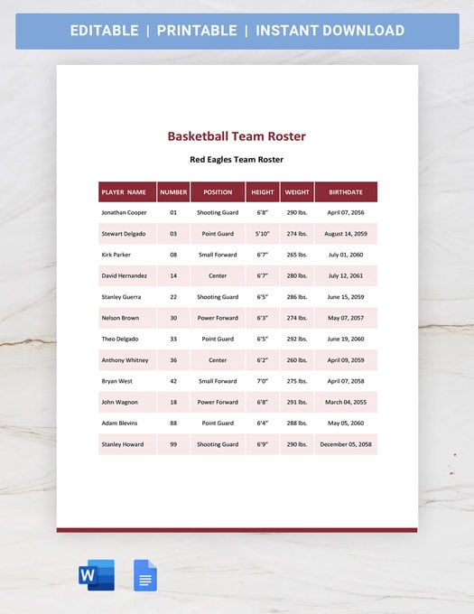 Basketball Team Roster Template Google Docs, Word