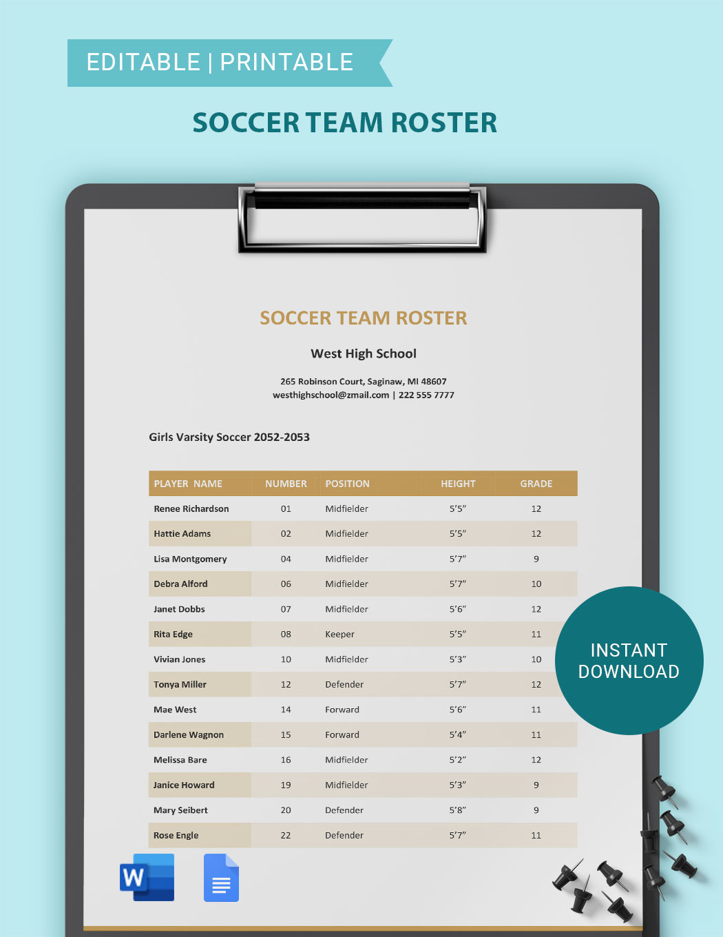 Soccer Roster Template in Google Docs, Word - Download | Template.net