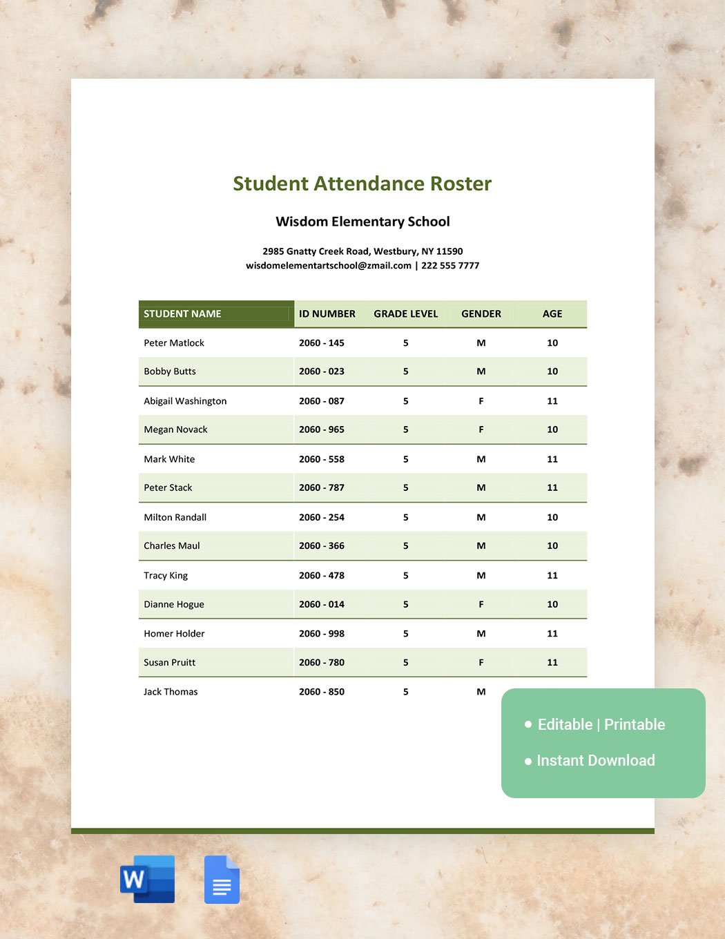 Student Attendace Roster Template