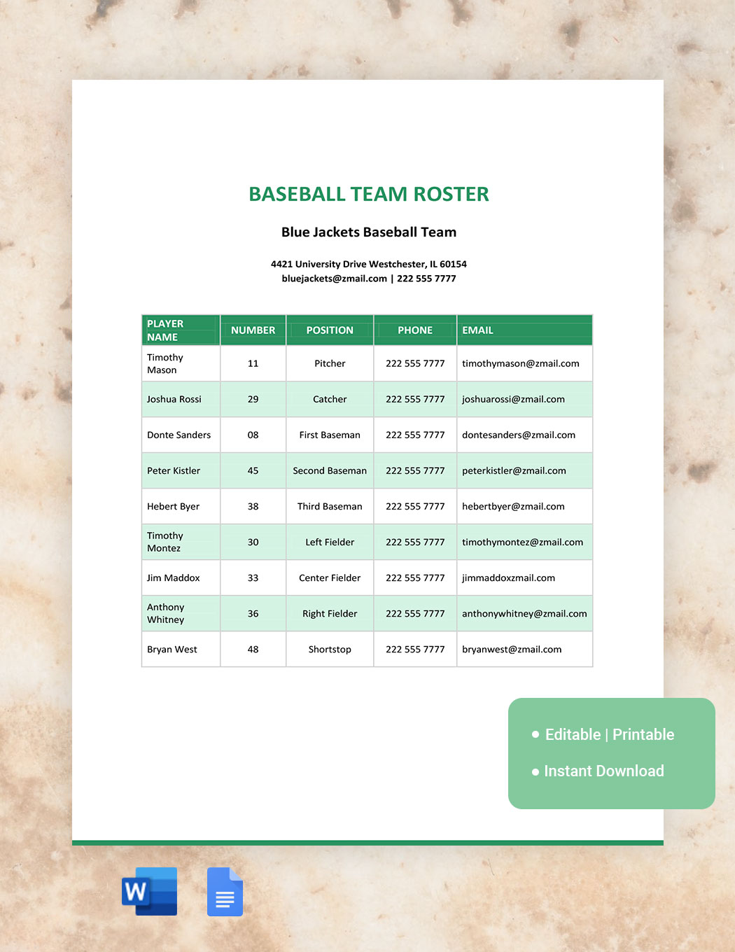 Baseball Team Roster Template in Word, Google Docs