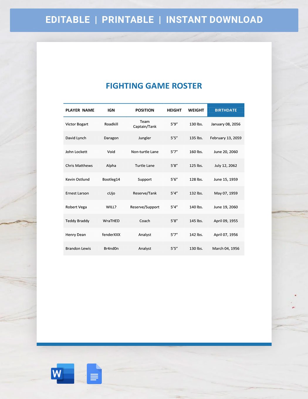 Fighting Game Roster Template