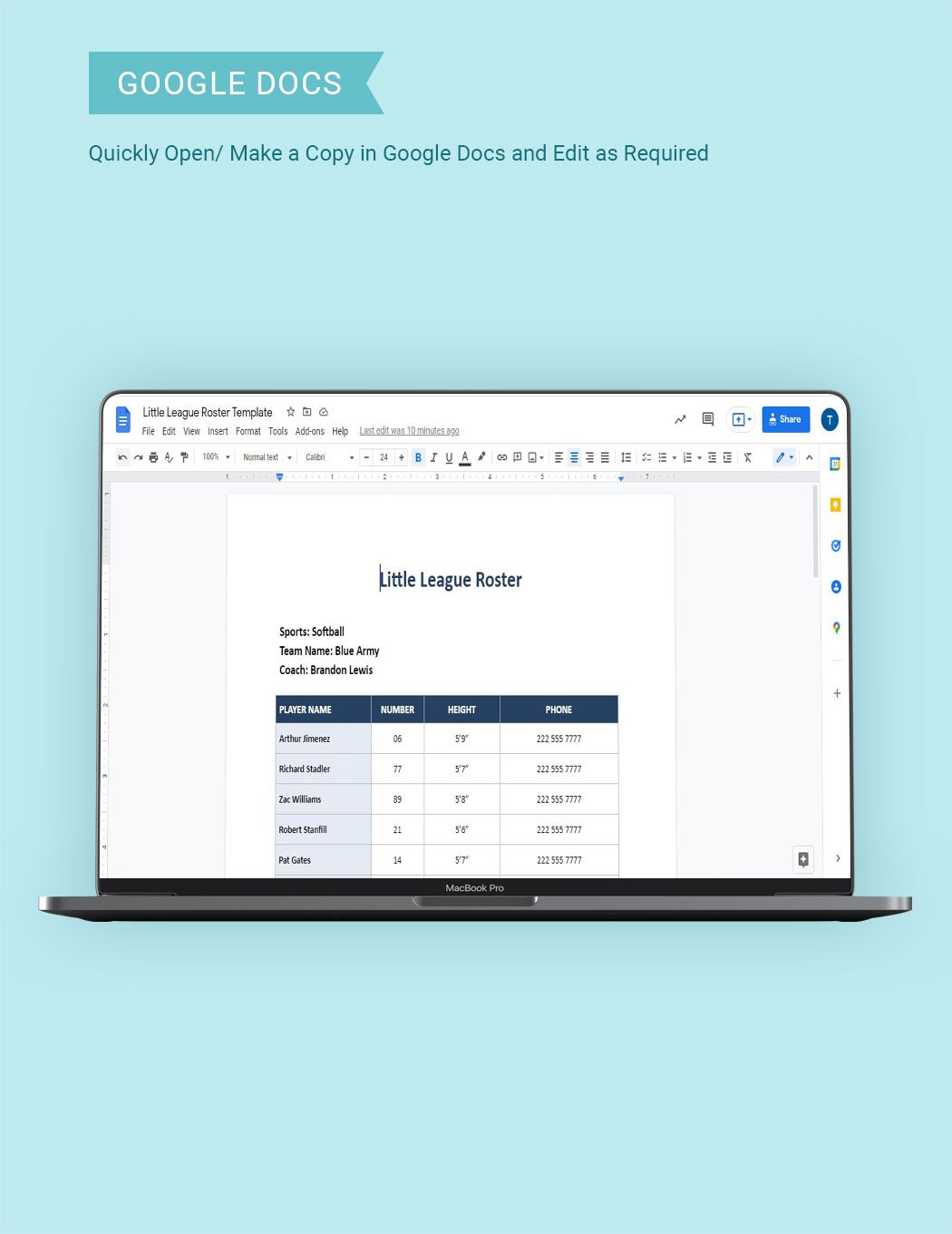 Little League Roster Template in Google Docs Word Download