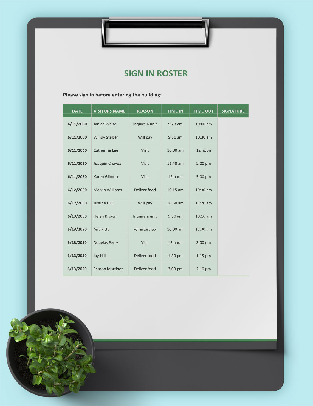 Sign In Roster Template