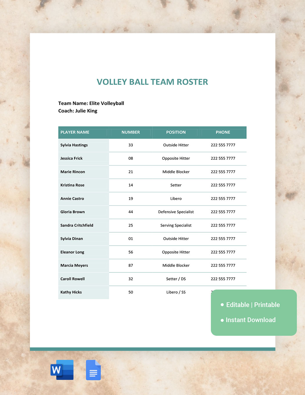 Volley Ball Roster Template