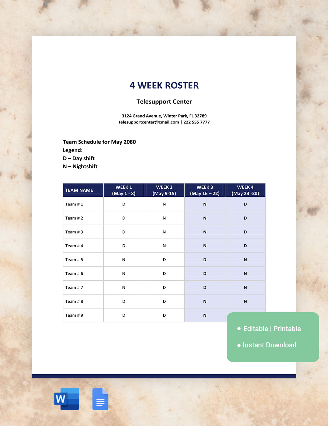 4 Week Roster Template