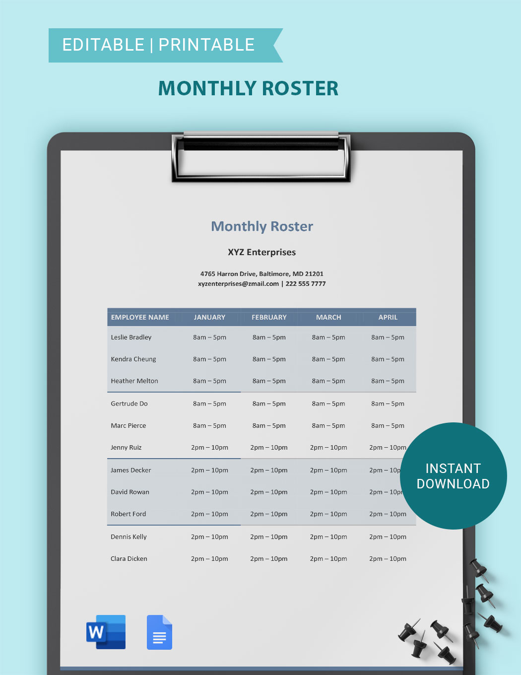 4 Week Roster Template Google Docs, Word