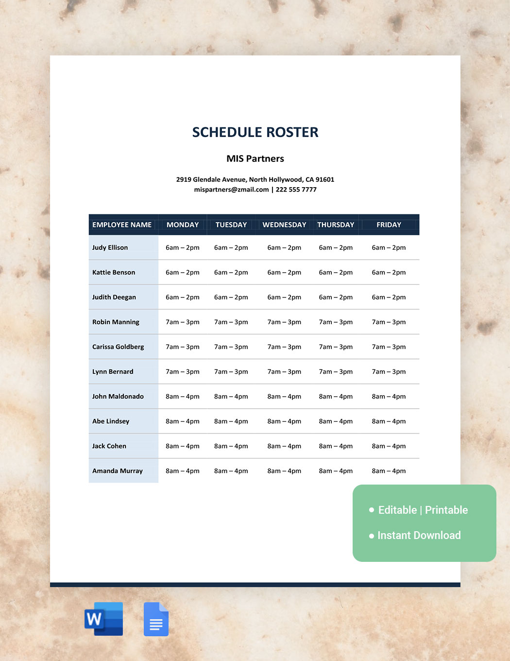 Schedule Roster Template Google Docs Word Template net