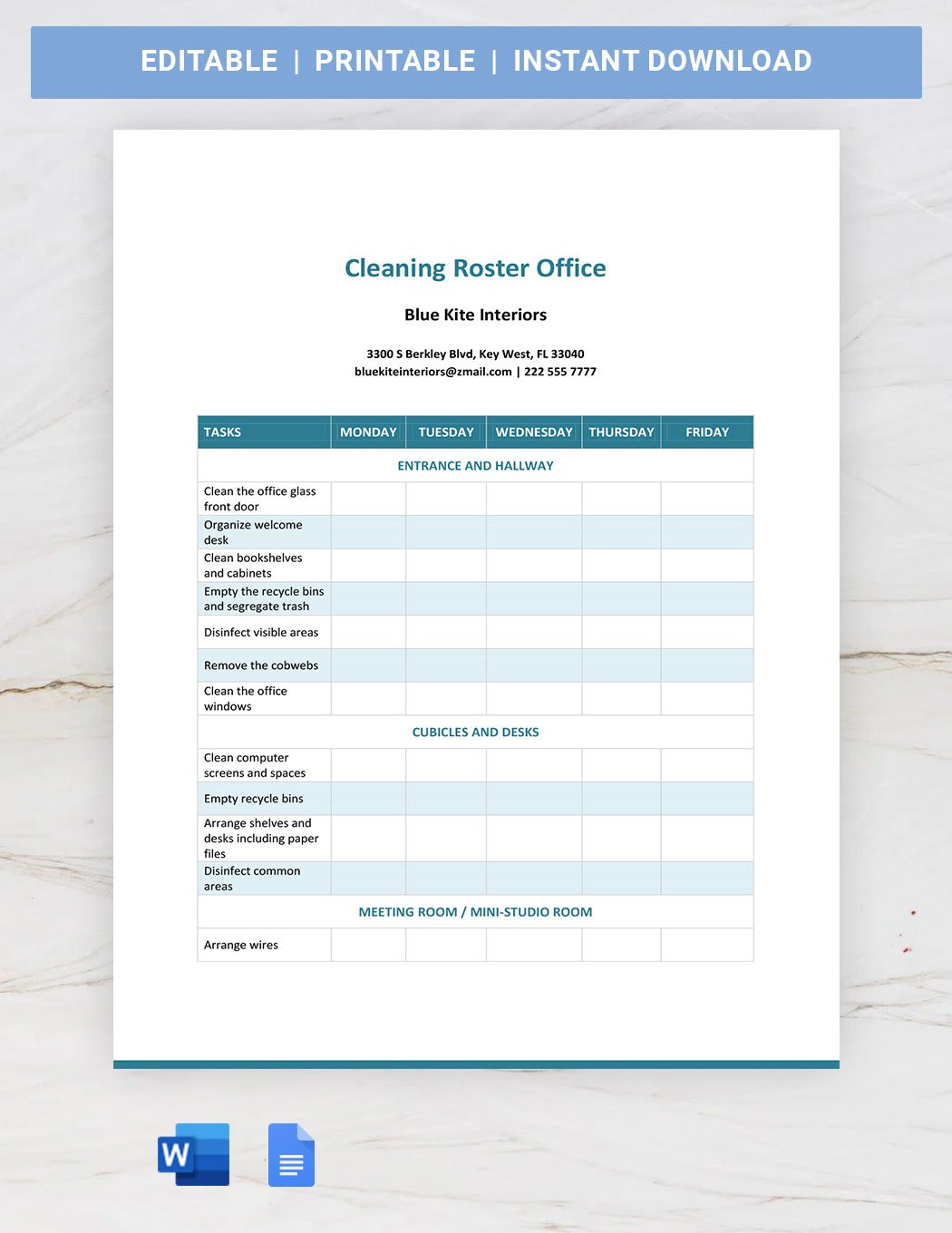Cleaning Roster Template For Office