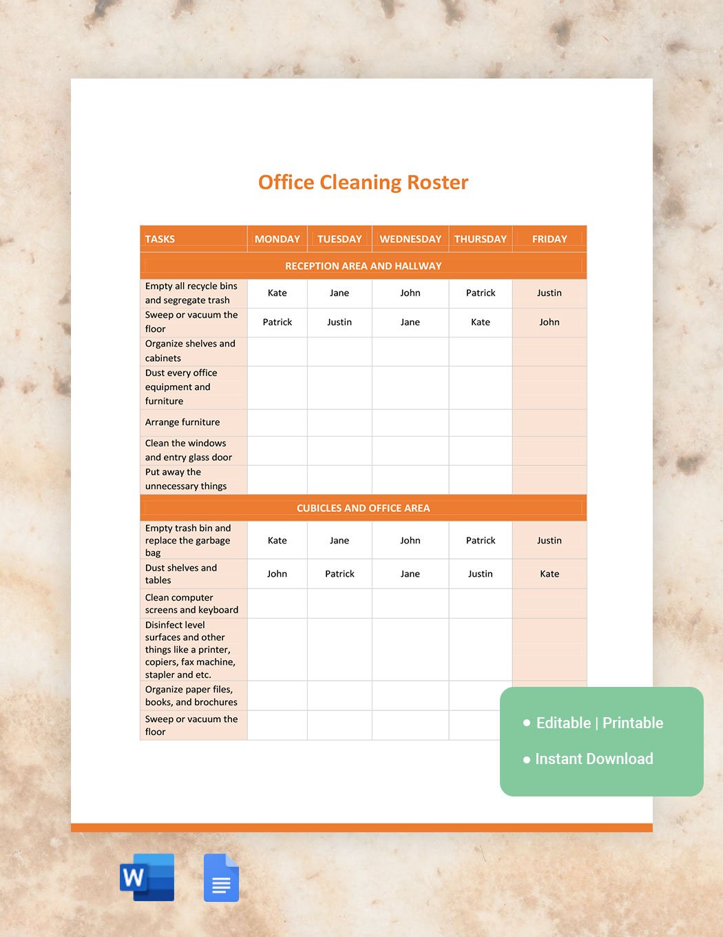 Office Cleaning Roster Template