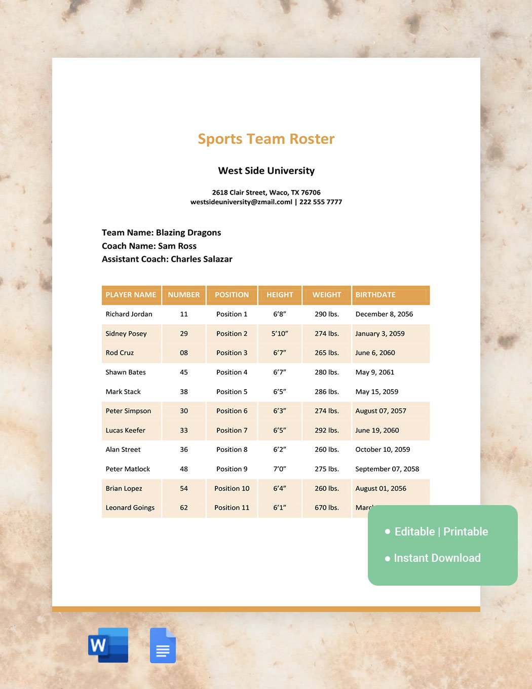 Sports Roster Template Download in Word, Google Docs