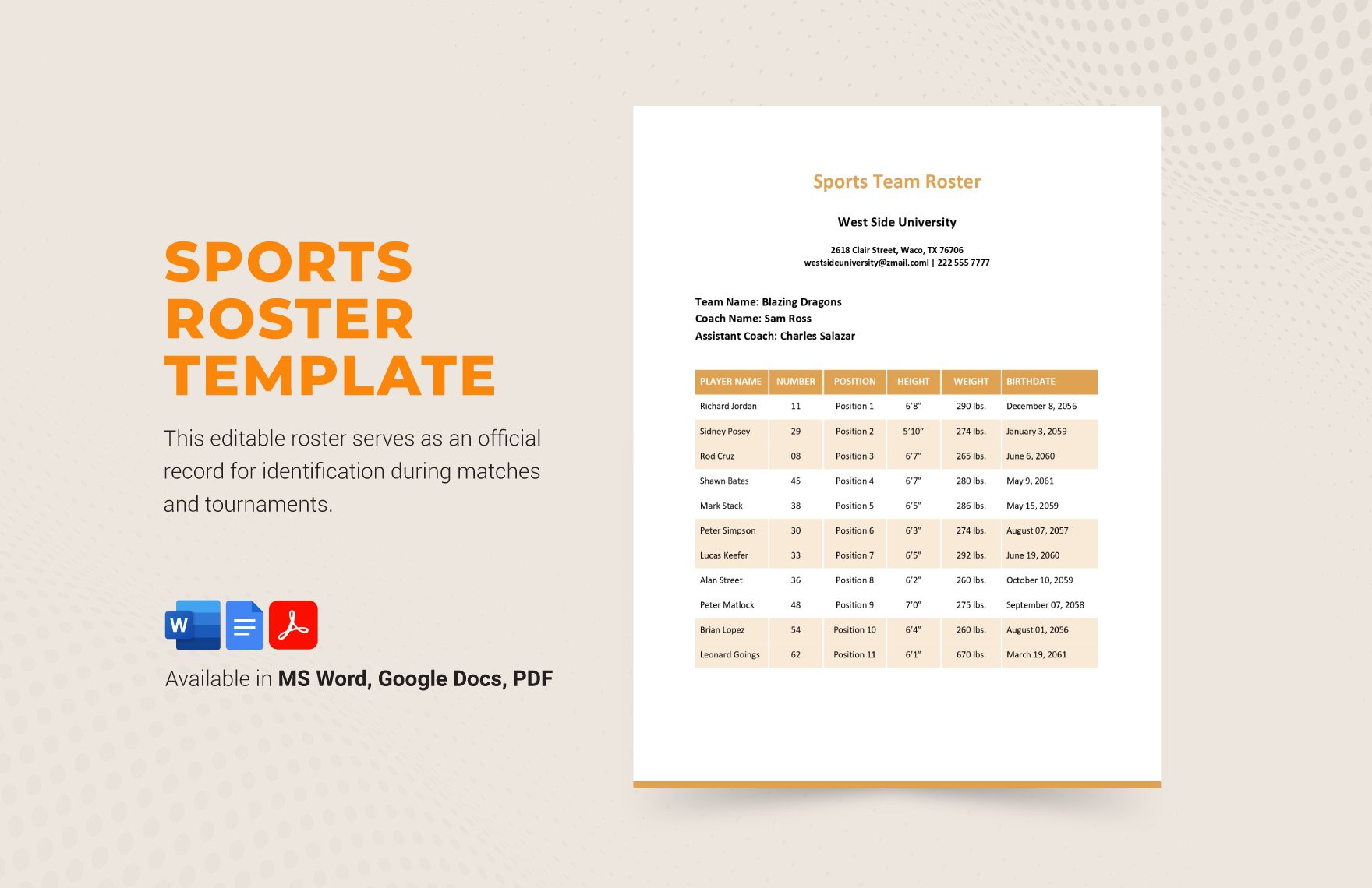 Sports Roster Template in Word, Google Docs, PDF