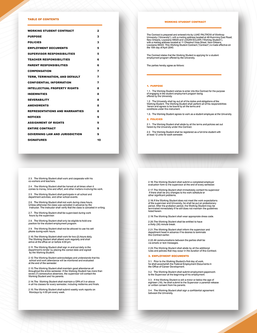 Working Student Contract Template