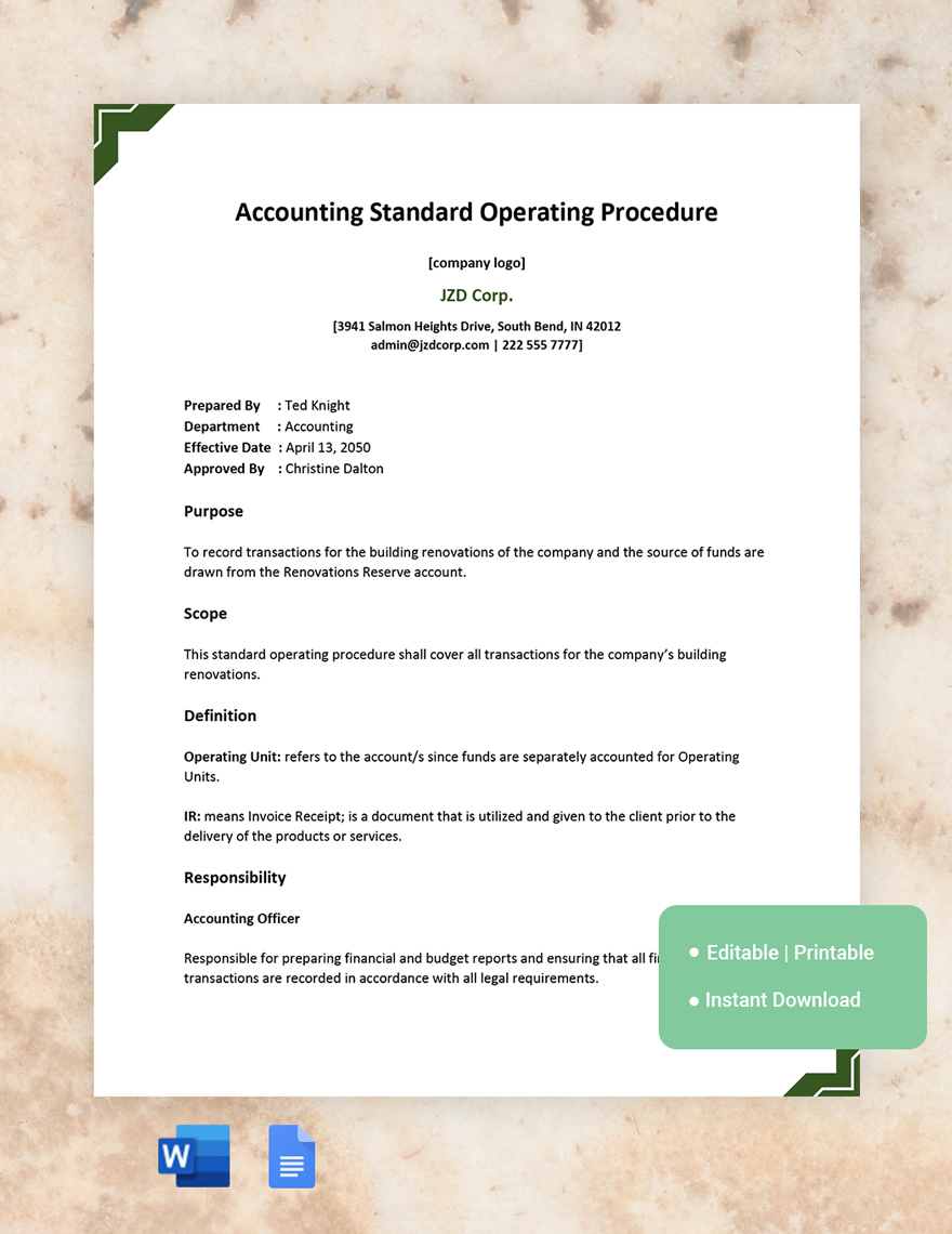 Accounting Standard Operating Procedure Template in Word, Google Docs