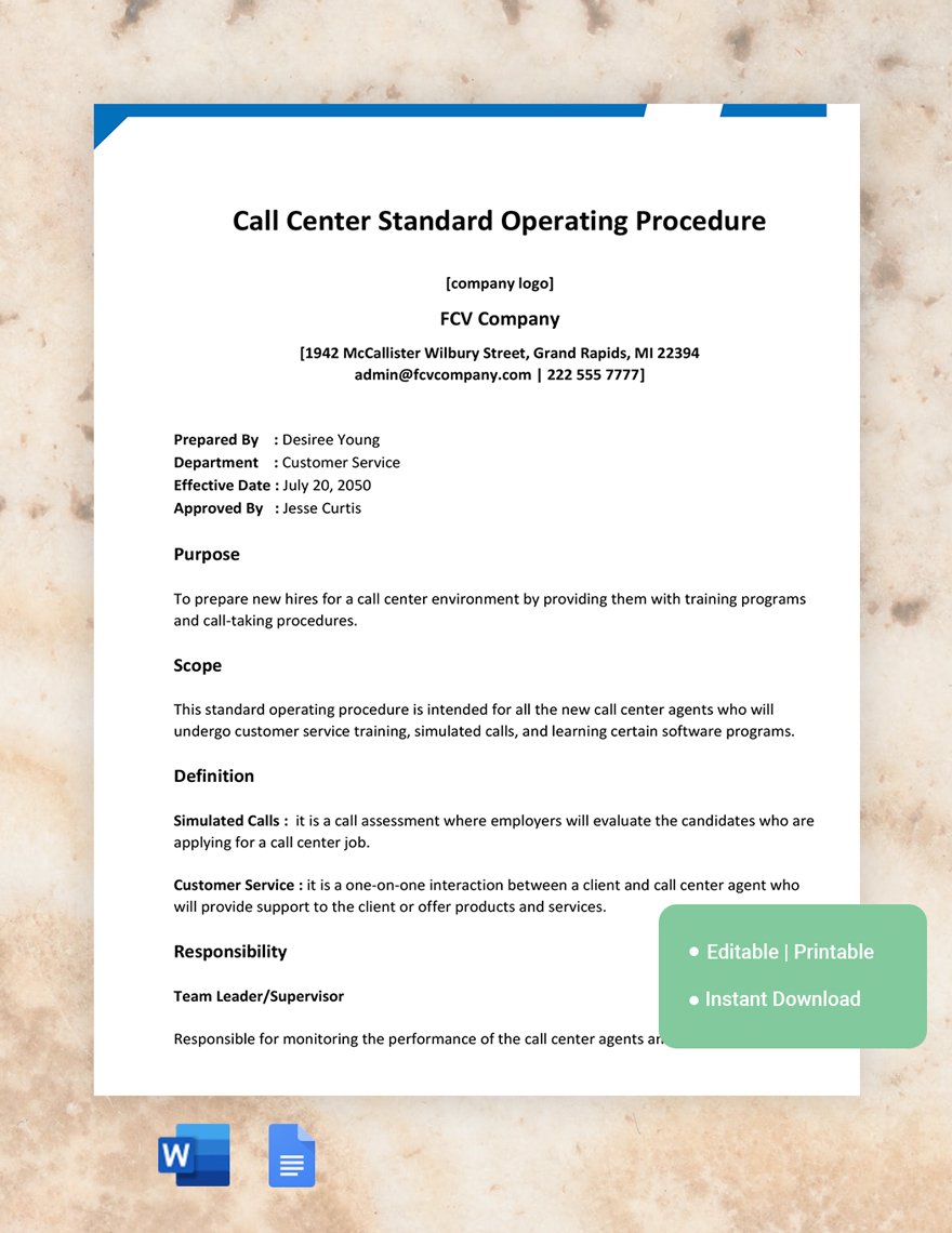 Call Center Standard Operating Procedure Template 