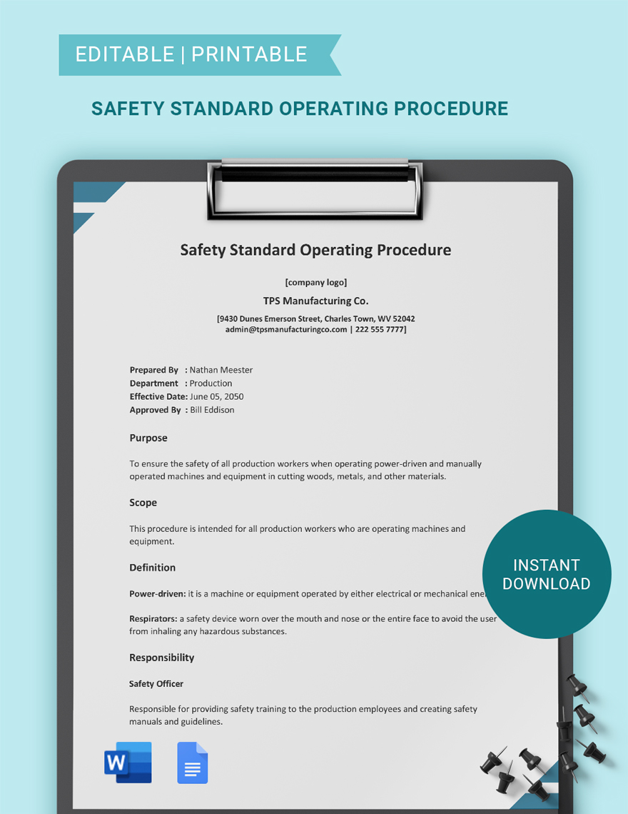 Safety Standard Operating Procedure Template in Word, Google Docs