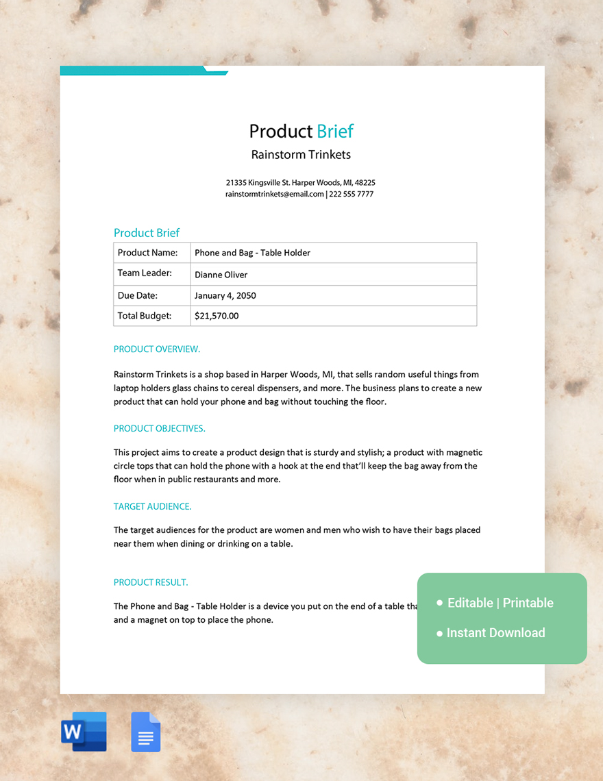 Product Brief Template in Word, Google Docs Download