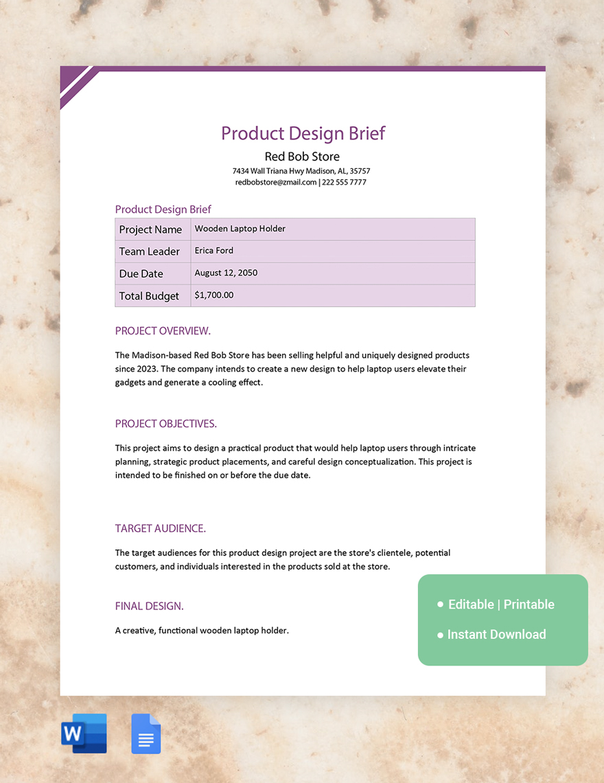 Product Design Brief Template in Word, Google Docs