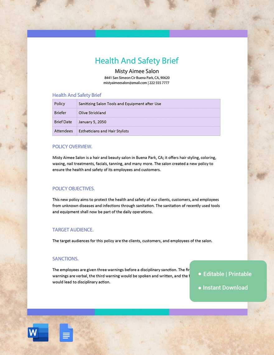 Health And Safety Brief Template