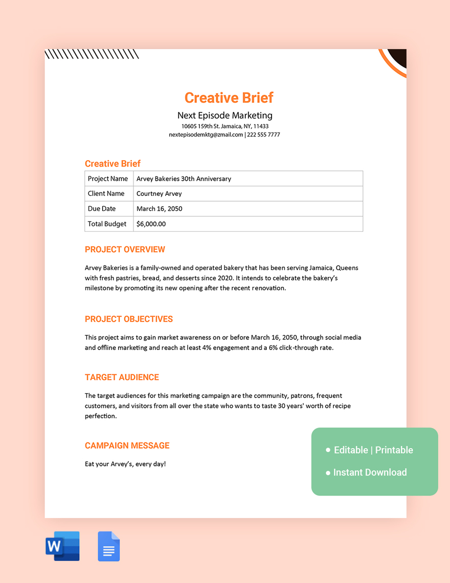 Creative Brief Template in Word, Google Docs