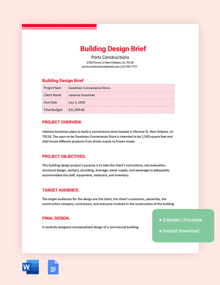 Building Design Brief Template in Word, Google Docs