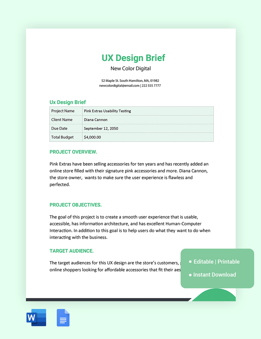 UX Design Brief Template in Word, Google Docs