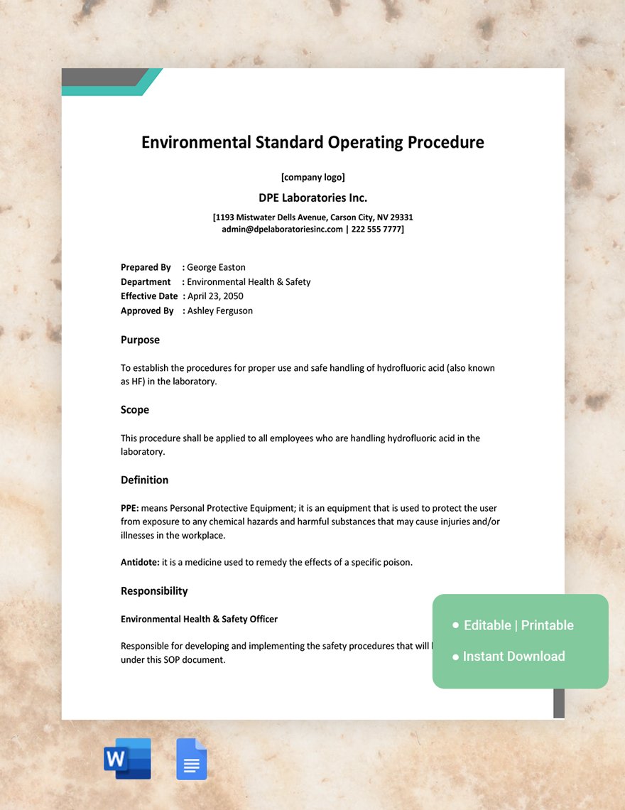 Environmental Standard Operating Procedure Template